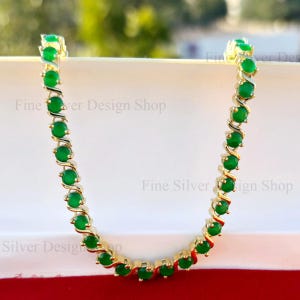 4mm Emerald Tennis Choker/Green Eternity Round Gemstone Necklace/14K White Gold Finish/Riviera Stacking Emerald Tennis Necklace Jade Jewelry