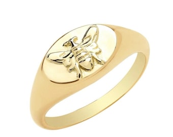 14k gold Bee ring, Honey bee signet ring, Pinky ring, Bee jewelry, Sterling silver women ring, Gift for women, Statement vintage rings