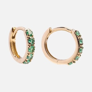 Natural Emerald Earrings / Huggie Earrings / 14k Gold 12MM Emerald Huggie Hoop Earrings / Small Hoop Emerald Earrings / Jewelry Gift