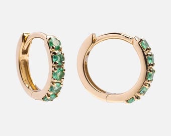 Natural Emerald Earrings / Huggie Earrings / 14k Gold 12MM Emerald Huggie Hoop Earrings / Small Hoop Emerald Earrings / Jewelry Gift