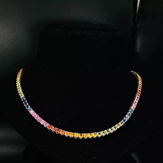 Natural Sapphire Unisex Round Rainbow Necklace in Rainbow Tennis