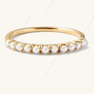 natural pearl ring Band Gold Plated Stackable Matching Band pearl eternity wedding band For Women June Birthstone Promise Engagement Gift