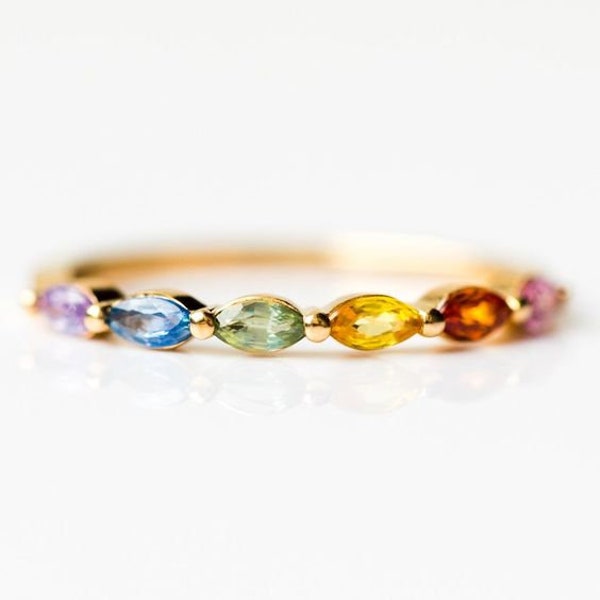 Multi Rainbow Sapphire Ring, Half Eternity Band Ring,wedding band Women Jewelry Stacking Matching Bridal Anniversary gift for her Promise
