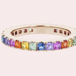 rainbow sapphire ring, half eternity ring, multi colored sapphire stacking band, bridal wedding gift, anniversary silver ring gift for her