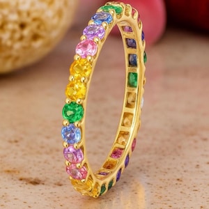 Rainbow Sapphire Ring Yellow Gold 3mm Wedding Band Gradient Ring September Birthstone Full Eternity Stacking Rings Stackable Blue Pink Green