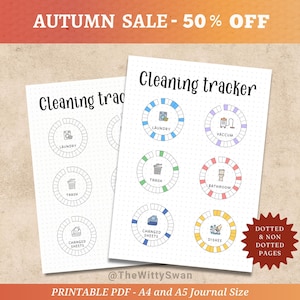 May include: Two printable cleaning tracker sheets with dotted and non-dotted pages. Each sheet has a title and circular icons for tasks like laundry, vacuuming, trash, bathroom, changing sheets, and dishes. The text "AUTUMN SALE - 50% OFF" is at the top.