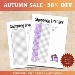 May include: Two printable shopping tracker pages with grid layouts, featuring the text "Shopping tracker". One page has a filled-in purple column. The image includes the text "Autumn Sale - 50% Off". The pages are labeled as A4 and A5 journal size.