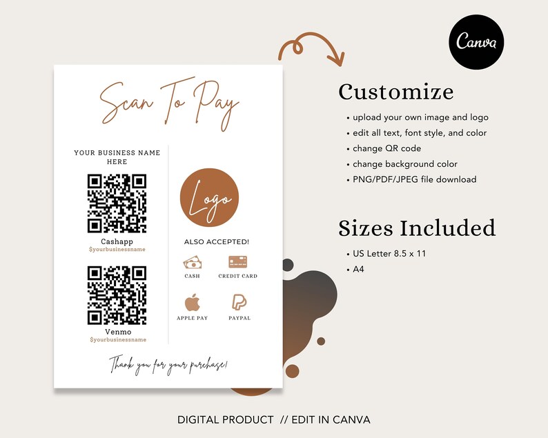 Editable QR Code Sign Printable Payment Sign Scan to Pay - Etsy México