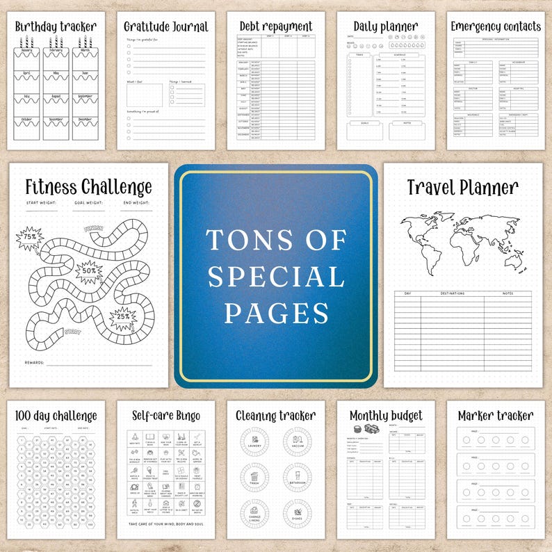 May include: A collection of printable planner pages with various designs. Includes a birthday tracker, gratitude journal, debt repayment log, daily planner, and emergency contacts. A fitness challenge, travel planner, and other pages are also shown. The central image reads "TONS OF SPECIAL PAGES."