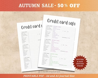 Credit card info tracker printable Journal page Personal finance tracker Bank account info Bujo printable Password log A5 inserts