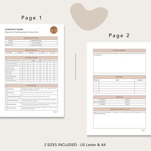Op de afbeelding: Een tweezijdig formulier voor de beoordeling van werknemersprestaties met secties voor werknemersinformatie, individuele beoordelingen, algemene beoordeling, feedback van de beoordelaar, nieuwe doelen, handtekeningen en opmerkingen van werknemers. Het formulier bevat een bedrijfslogo en de tekst "Pagina 1" en "Pagina 2".