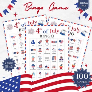 4th of July Bingo, 100 Bingo Cards, Fourth of July Patriotic Bingo, USA Independence Day Bingo Card, 4th of July Game, Printable Party Bingo