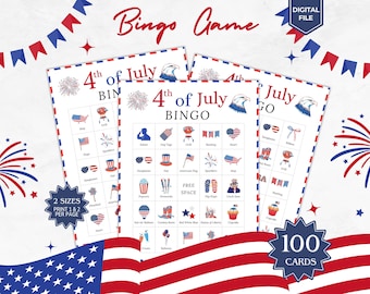 Bingo del 4 de julio, 100 cartones de bingo, Bingo patriótico del 4 de julio, Cartón de bingo del Día de la Independencia de EE. UU., Juego del 4 de julio, Bingo imprimible para fiestas