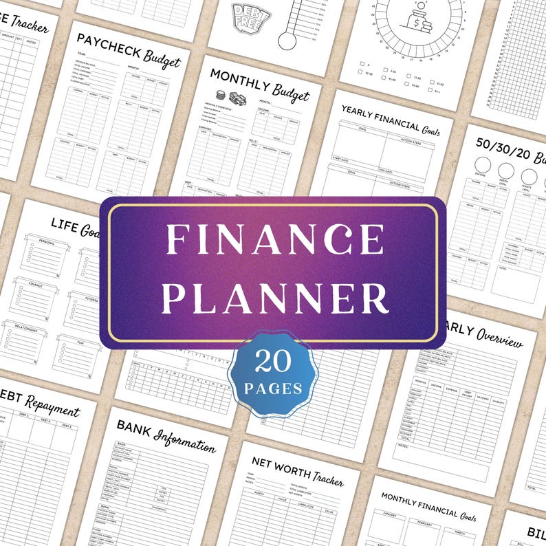 May include: A finance planner with 20 pages, featuring various financial planning templates. The cover is a purple and blue gradient with the words "FINANCE PLANNER" and "20 PAGES". Templates include budget trackers, debt repayment, and financial goals.
