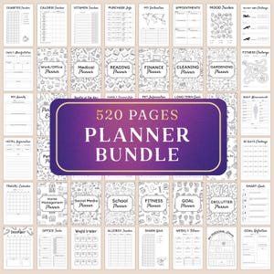 May include: A planner bundle with 520 pages, featuring various trackers and planning templates. Includes sections for health, finance, and goals. The cover displays the text "520 PAGES PLANNER BUNDLE" in a purple and white design. The pages are black and white.