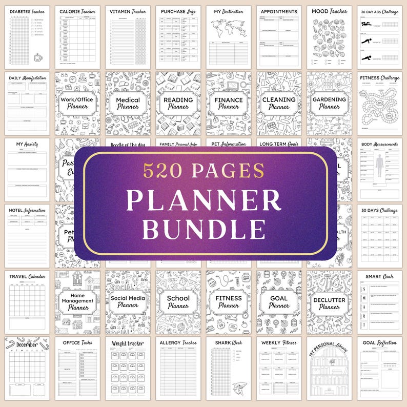 May include: A planner bundle with 520 pages, featuring various trackers and planning templates. Includes sections for health, finance, and goals. The cover displays the text "520 PAGES PLANNER BUNDLE" in a purple and white design. The pages are black and white.