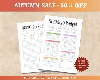 50 30 20 budget tracker Journal pages printable Finance tracker Bujo printable Budgeting tracker A5 printable insert Monthly money tracker