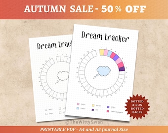 May include: Two printable dream tracker journal pages. Each page features a circular chart with numbered sections and a thought bubble. The pages include the text "Dream tracker" and colour-coded sections for tracking emotions. The image also includes the text "AUTUMN SALE - 50% OFF".