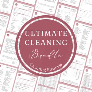 May include: A pink and white printable cleaning bundle for a cleaning business. The bundle includes checklists for residential, monthly, weekly, and janitorial cleaning services. It also includes a cleaning services agreement, a client intake form, and a quote form.