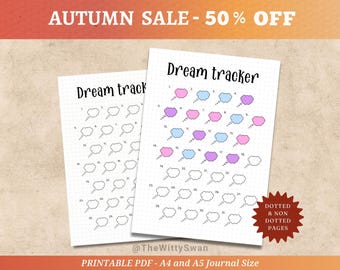 May include: Two printable dream tracker journal pages. The pages are white with a dotted grid and feature a header that says "Dream tracker". The pages have cloud graphics and the text "AUTUMN SALE - 50% OFF".