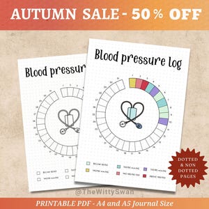 May include: Two printable blood pressure log sheets. Each sheet features a circular chart with numbers and a heart-shaped graphic. The text "Blood pressure log" is at the top. The image also includes the text "Autumn Sale - 50% Off".