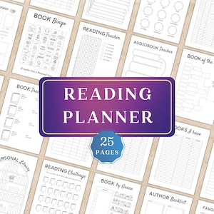 May include: A reading planner with 25 pages, featuring various trackers and lists for book lovers. Includes a book bingo game, reading challenge, and audiobook tracker. The cover has the words "Reading Planner" in white on a purple background.