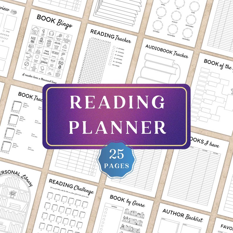 May include: A reading planner with 25 pages, featuring various trackers and lists for book lovers. Includes a book bingo game, reading challenge, and audiobook tracker. The cover has the words "Reading Planner" in white on a purple background.