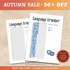 May include: Two white journal pages with the text "Language tracker" and a grid for tracking language learning progress. One page shows a completed tracker with blue and purple blocks. The image includes the text "AUTUMN SALE - 50% OFF".