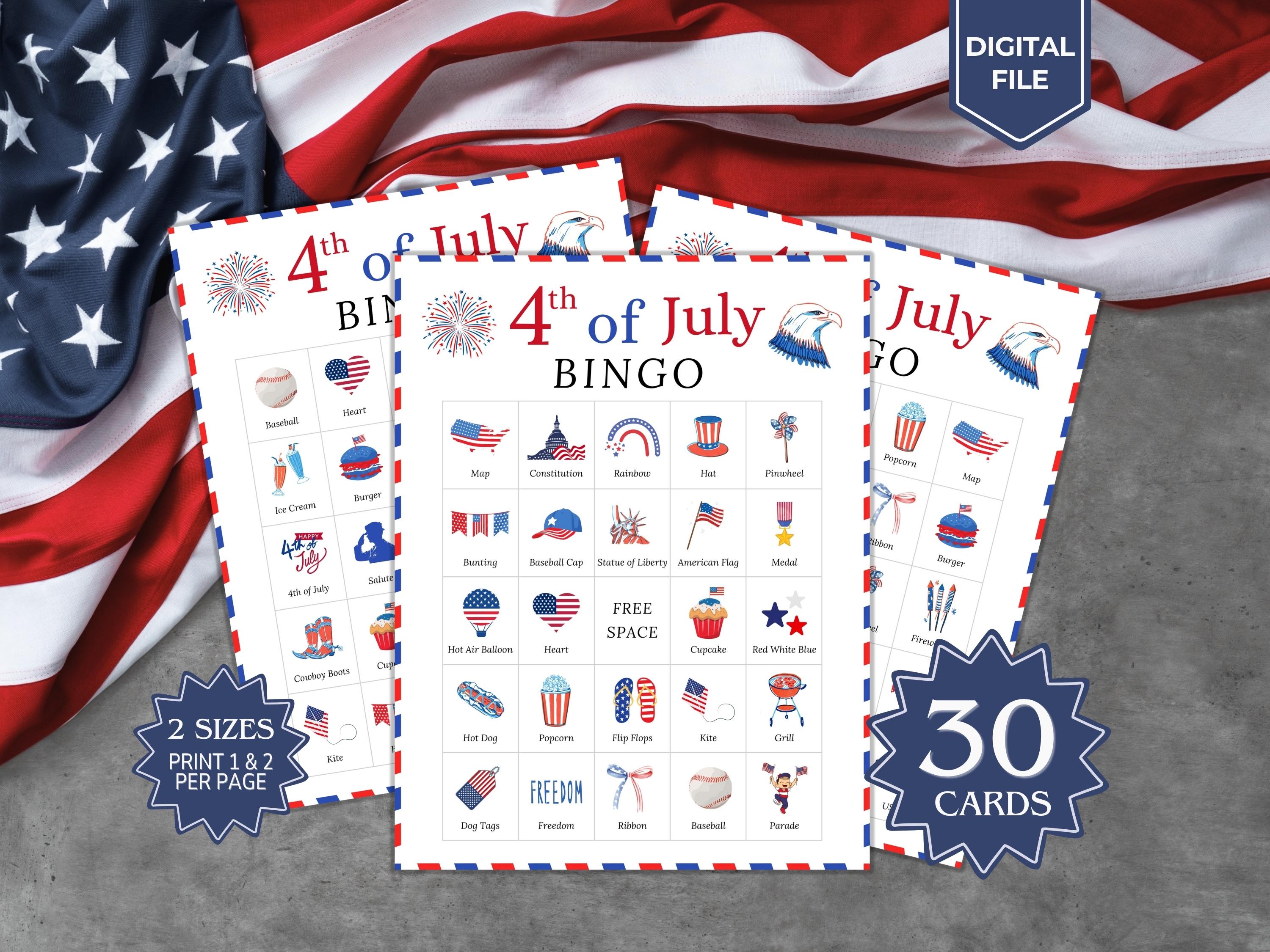 4th of July Bingo, 30 Bingo Cards, Fourth of July Patriotic Bingo, USA ...