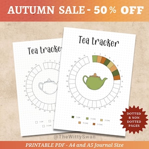 May include: Two printable tea tracker journal pages. The pages have a circular design with a teapot illustration and the words "Tea tracker". The pages are dotted and non-dotted. The text "AUTUMN SALE - 50% OFF" is at the top.