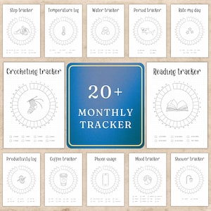 May include: A collection of printable monthly trackers with various themes, including step, temperature, water, period, and mood tracking. The central image features the text "20+ MONTHLY TRACKER" in a blue box. Each tracker has a circular design with spaces for daily entries.