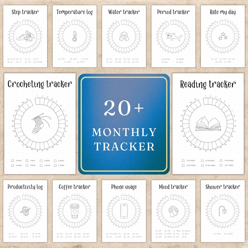 May include: A collection of printable monthly trackers with various themes, including step, temperature, water, period, and mood tracking. The central image features the text "20+ MONTHLY TRACKER" in a blue box. Each tracker has a circular design with spaces for daily entries.