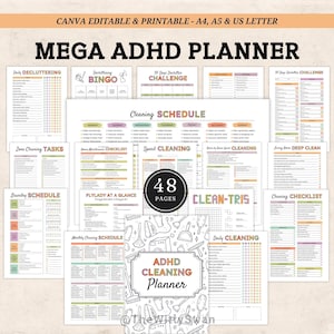 Op de afbeelding: Een afdrukbare Mega ADHD Planner met 48 pagina's, met schoonmaakschema's, opruimuitdagingen en zone-schoonmaaktaken. Beschikbaar in A4, A5 en US Letter formaten. De omslag toont de tekst "ADHD Cleaning Planner".