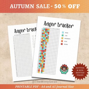 Puede incluir: Dos hojas imprimibles de seguimiento de la ira. Las hojas tienen una cuadrícula para rastrear las emociones diarias, con una clave codificada por colores para los niveles de ira. El texto "Anger tracker" está en la parte superior. La imagen también incluye el texto "Autumn Sale - 50% Off".