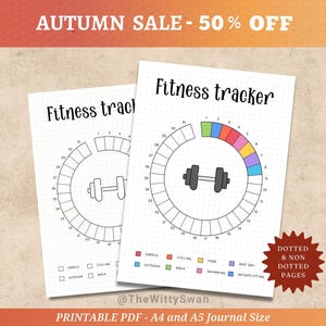 May include: Two printable fitness tracker sheets with a dumbbell graphic. The sheets have a circular design with numbered days and spaces for tracking activities like cardio, cycling, and yoga. The text "Fitness tracker" is at the top. The image also includes the text "Autumn Sale - 50% Off".