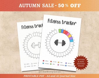 Puede incluir: Dos hojas de seguimiento de fitness imprimibles con un gráfico de pesas. Las hojas tienen un diseño circular con días numerados y espacios para rastrear actividades como cardio, ciclismo y yoga. El texto "Fitness tracker" está en la parte superior. La imagen también incluye el texto "AUTUMN SALE - 50% OFF".