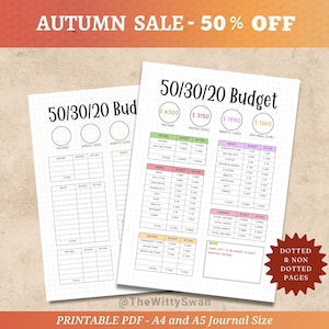 50 30 20 budget tracker Journal pages printable Finance tracker Bujo printable Budgeting tracker A5 printable insert Monthly money tracker