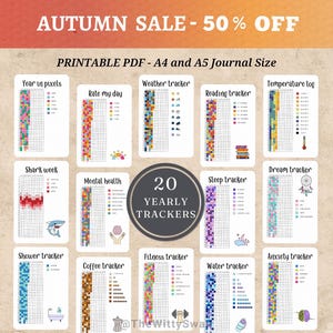 年間ピクセルトラッカーバンドル 既製のジャーナルページ 年間トラッカー Bujo 印刷可能な A5 インサート 年間プランナーページ デイリートラッカー