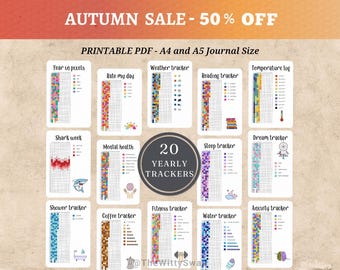 Yearly pixel tracker bundle Premade journal pages Yearly trackers Bujo printable A5 inserts Yearly planner page Daily tracker