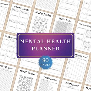 May include: A mental health planner with 80 pages, featuring sections for appointments, mood tracking, sleep tracking, and yearly life planning. The cover is purple with the words "Mental Health Planner" in white. Other pages include a dream journal and water tracker.