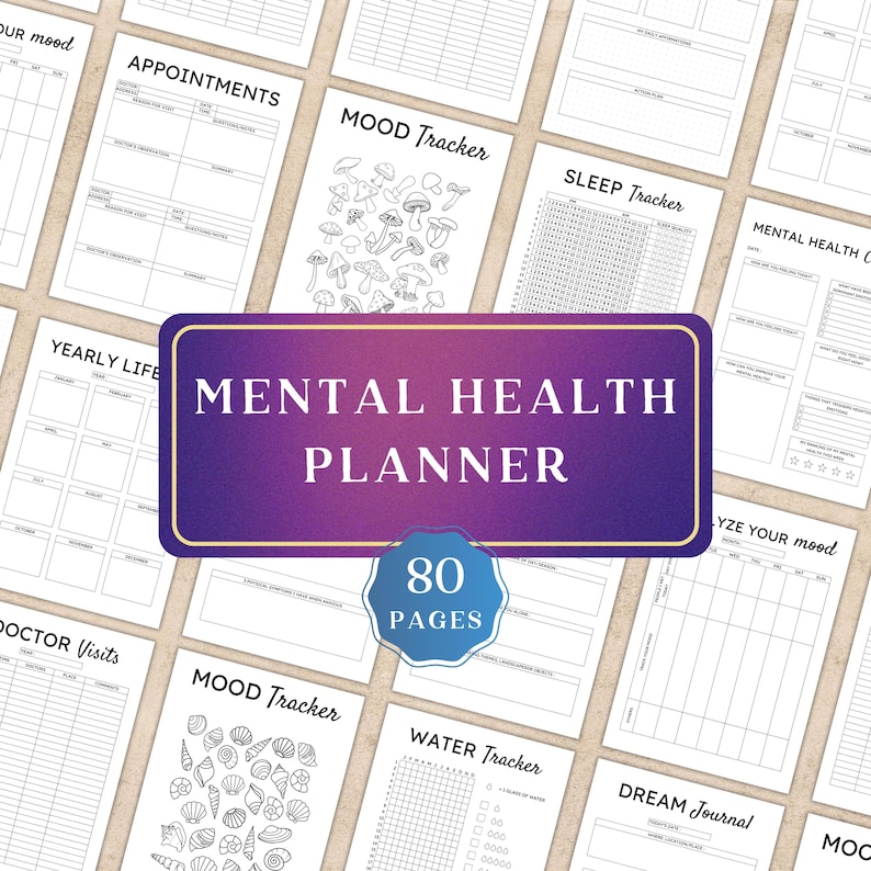 May include: A mental health planner with 80 pages, featuring sections for appointments, mood tracking, sleep tracking, and yearly life planning. The cover is purple with the words "Mental Health Planner" in white. Other pages include a dream journal and water tracker.
