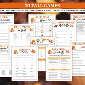 May include: A collection of printable fall games with titles like "Fall Fun," "Autumn Trivia," and "Autumn Feud." The games feature autumn-themed graphics of pumpkins and leaves, with text in a brown and orange color scheme.