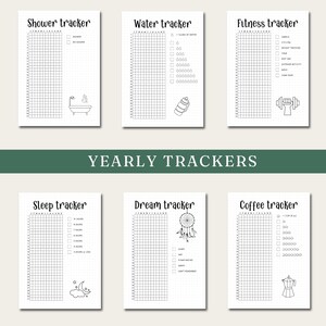 May include: A collection of six yearly tracker pages with various themes. The trackers include shower, water, fitness, sleep, dream, and coffee. Each page features a grid for tracking and corresponding icons or text labels.