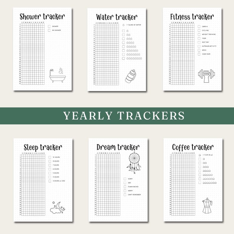 May include: A collection of six yearly tracker pages with various themes. The trackers include shower, water, fitness, sleep, dream, and coffee. Each page features a grid for tracking and corresponding icons or text labels.