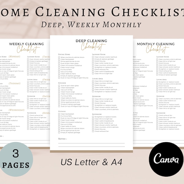 Editable Cleaning Checklist, Deep Cleaning Checklist, Weekly Cleaning Checklist, Monthly Cleaning Checklist, Home Cleaning Checklist, Canva