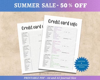 Credit card info tracker printable Journal page Personal finance tracker Bank account info Bujo printable Password log A5 inserts