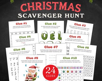 May include: A Christmas-themed scavenger hunt game with ten clues, each on a separate card. The cards feature puzzles, riddles, and codes. The game includes a Santa Claus illustration and a colorful gem-like key. The text on the cards reads "Christmas Scavenger Hunt".