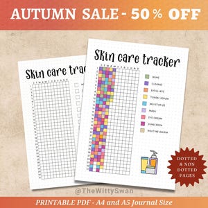 May include: Two printable skin care tracker sheets. The sheets have a grid layout for tracking daily skincare routines. The text "Skin care tracker" is at the top. The sheets include a color-coded key for different skincare steps. The text "Autumn Sale - 50% Off" is at the top.