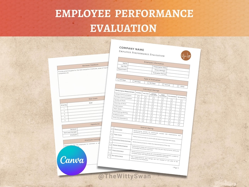 Sjabloon voor evaluatie van werknemersprestaties, sjabloon voor werknemersbeoordeling, HR-sjabloon, formulier voor werknemersevaluatie, bewerkbare canva-sjabloon, HR-formulieren afbeelding 1