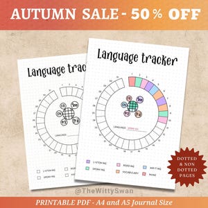 Può includere: Due fogli di monitoraggio della lingua stampabili con un design circolare. I fogli hanno uno sfondo a pois e includono il testo "Language tracker". I fogli hanno una sezione codificata a colori per il monitoraggio delle competenze linguistiche. Il testo "AUTUMN SALE - 50% OFF" è in alto.